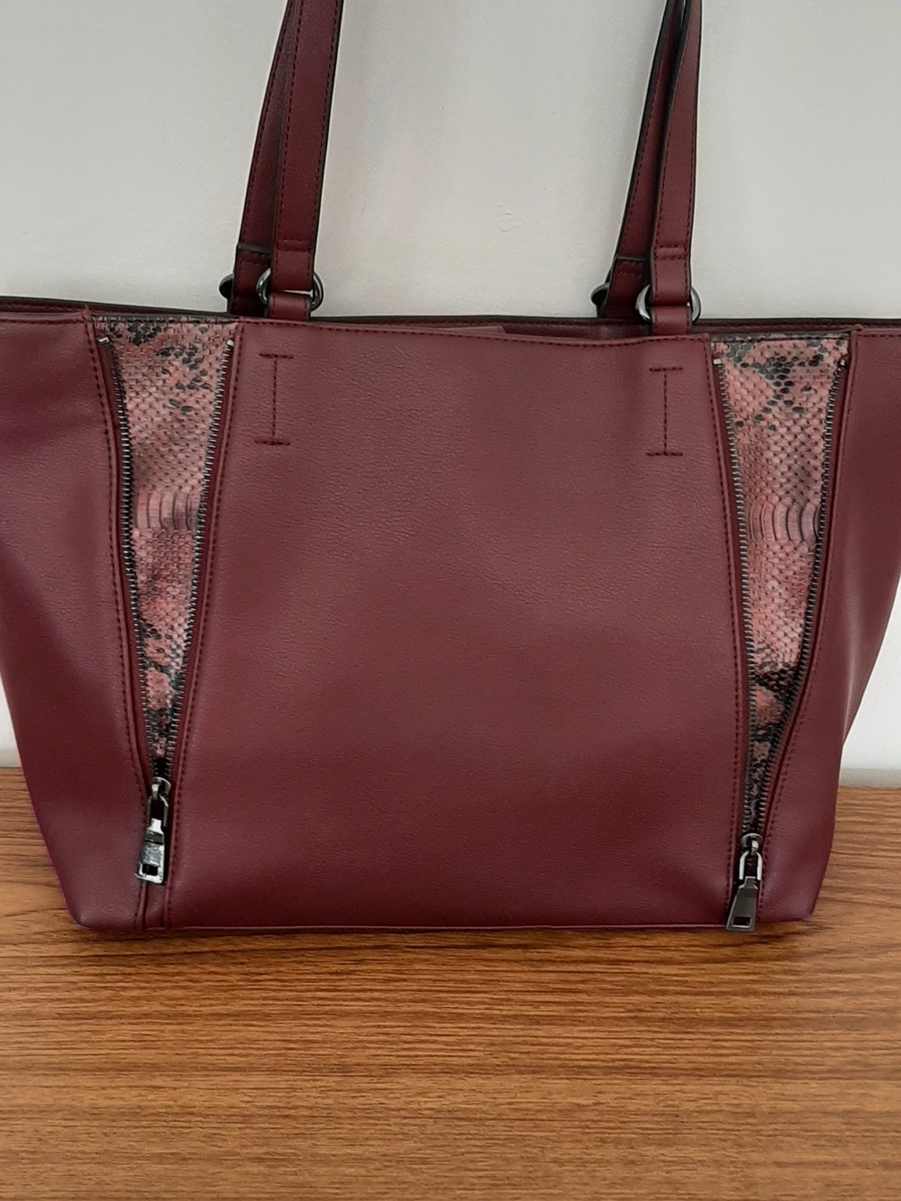 Women's Burgundy Tote Bag with Snake-Accent Panels